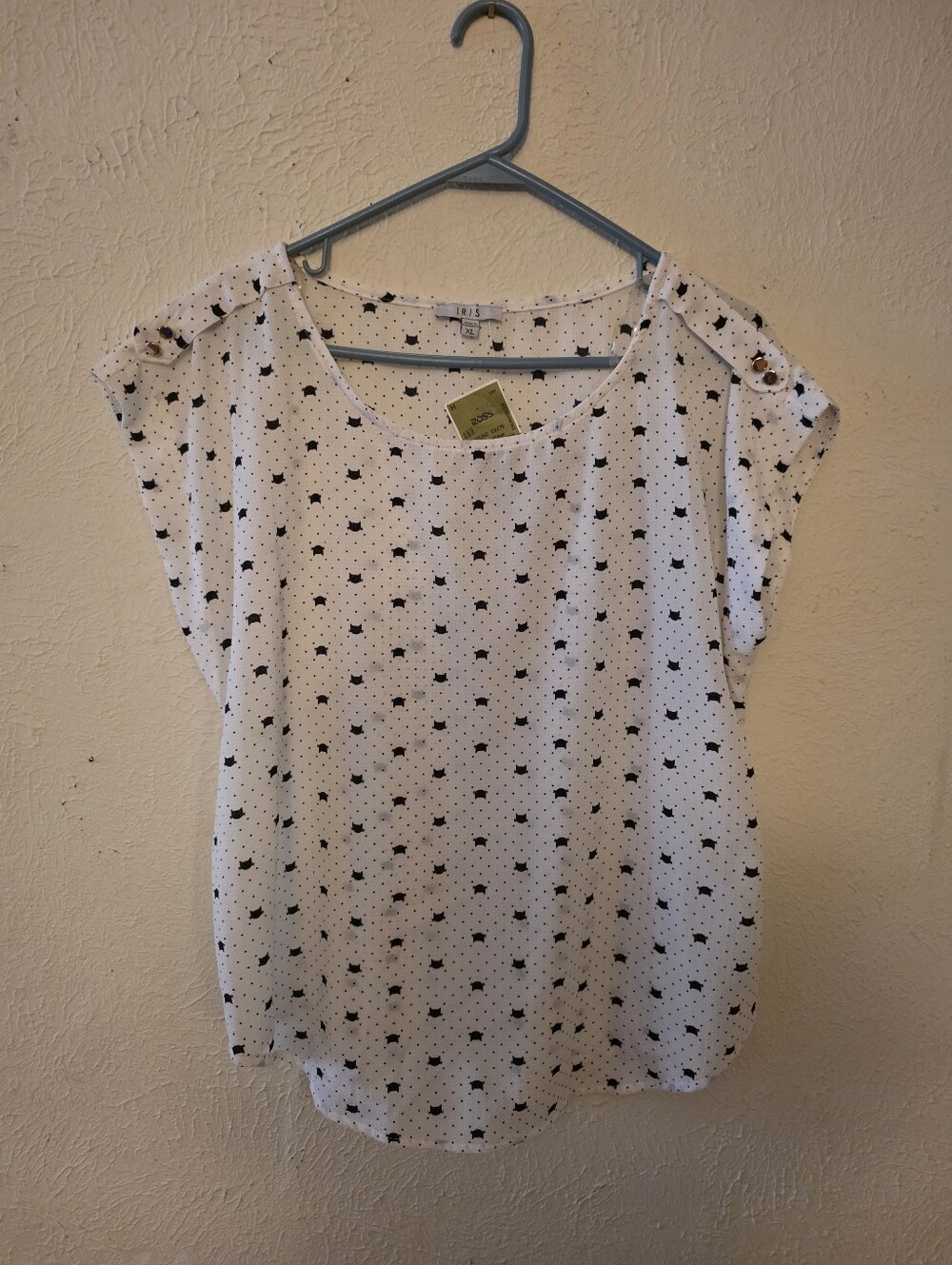 *NWT* Women's Black Cats & Dots White Short Sleeve Blouse XL